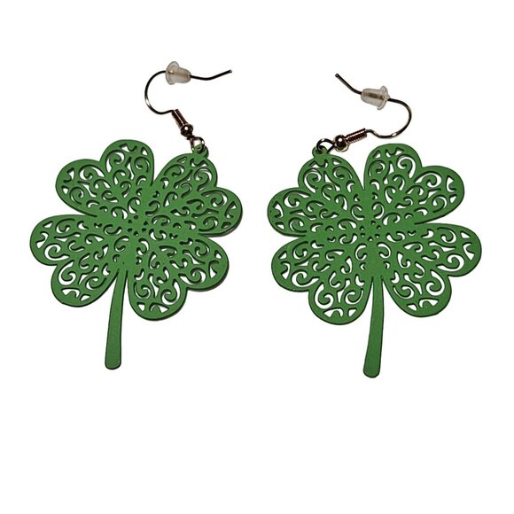 Four Leaf Clover Dangle Earrings Green Filigree Lucky St Patricks Day Jewelry - Picture 2 of 4